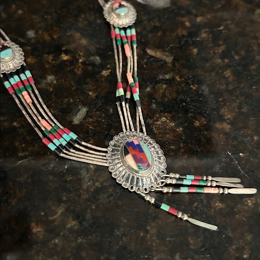 Southwestern Necklace w Inlay, Liquid Silver with Coral and turquoise
